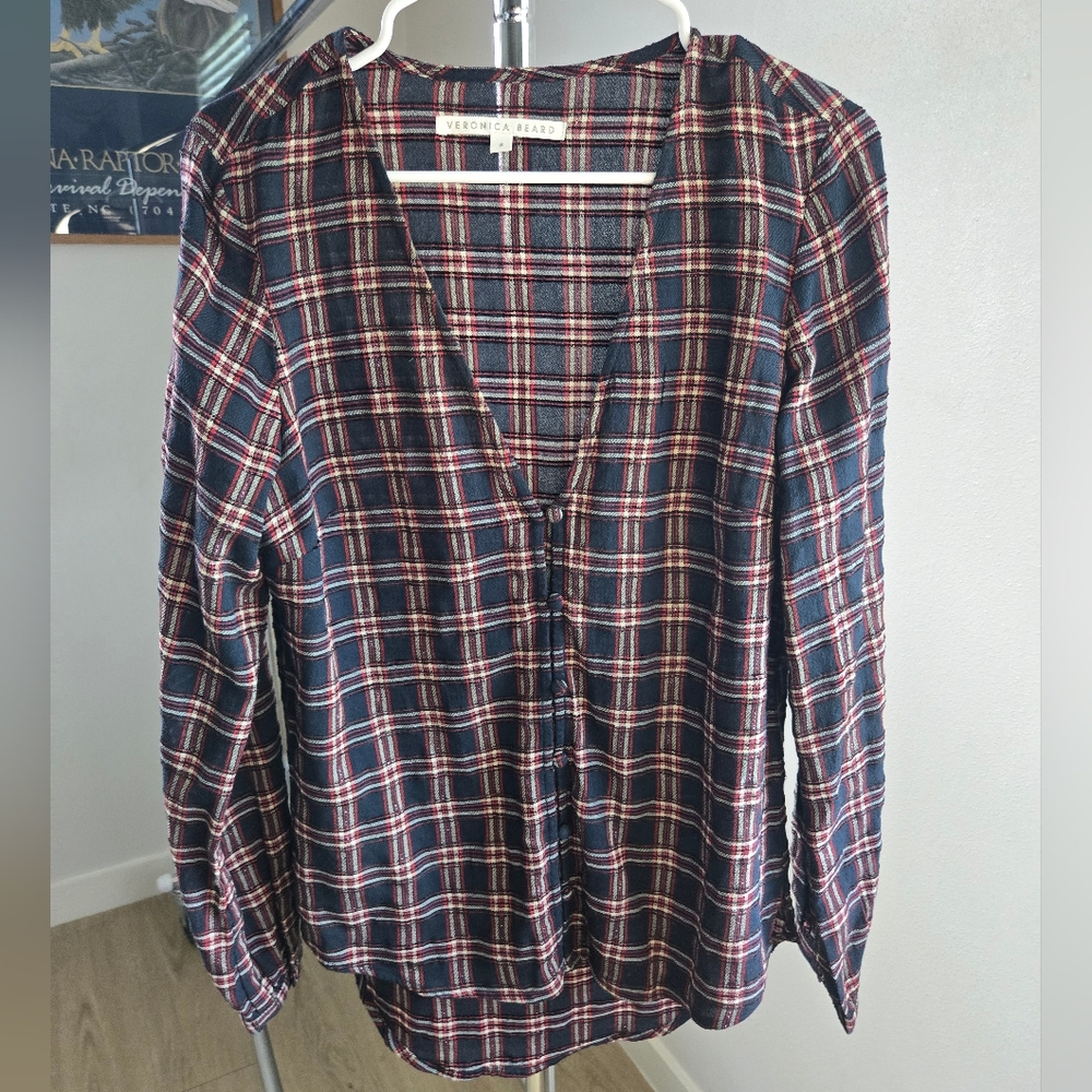 Veronica Beard Peggy Plaid Long Sleeve V Neck Button Down Blouse Size 8 Blue Red
